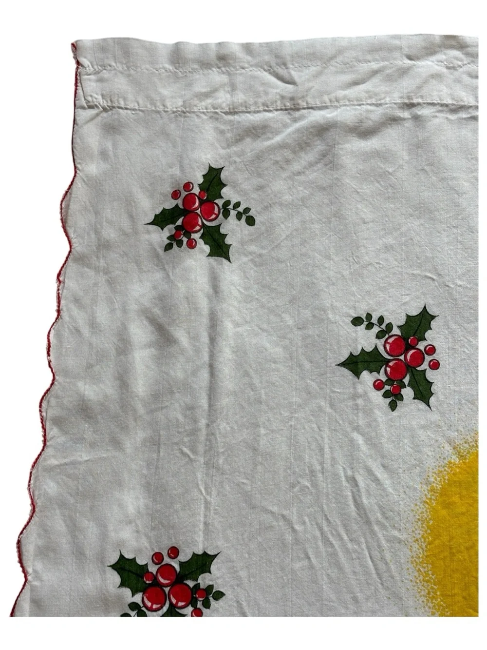MCM Christmas Curtain Panel Holiday Textile Candle Holly Berry Red Scallop Trim